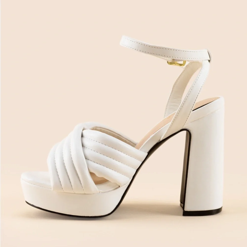 Qupid White‎ Quilted Platform Block Heel Ankle Strap Sandals